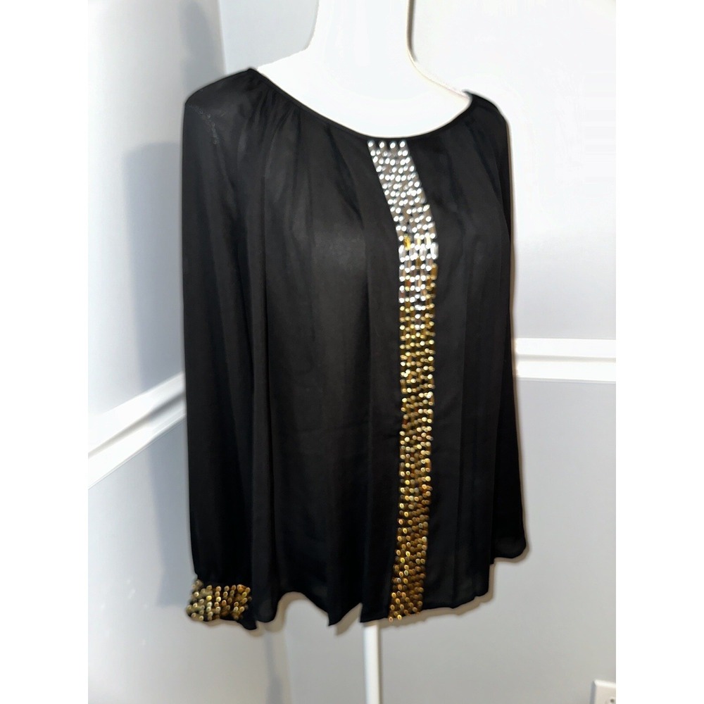 Alfani Blouse Womens Size 10 Jewel Studded Trim Long Sleeve Sheer 100% Polyester